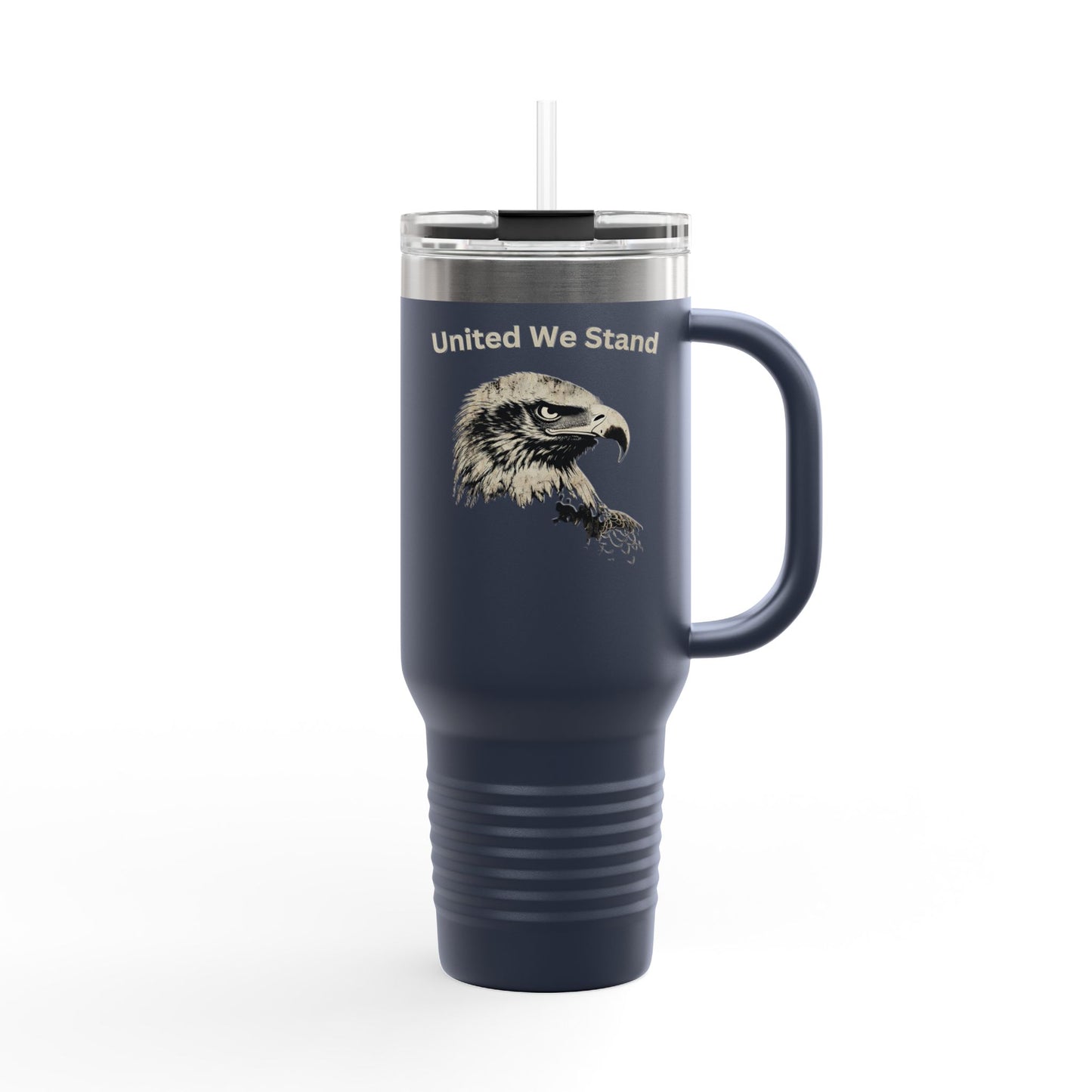 United We Stand text on the top of a  40oz Insulated Travel Mug