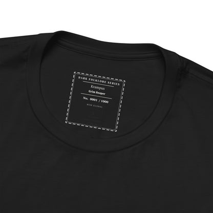 Black t-shirt with "Krampus Grim Reaper" and "No. 0001 / 1000" on a tag.