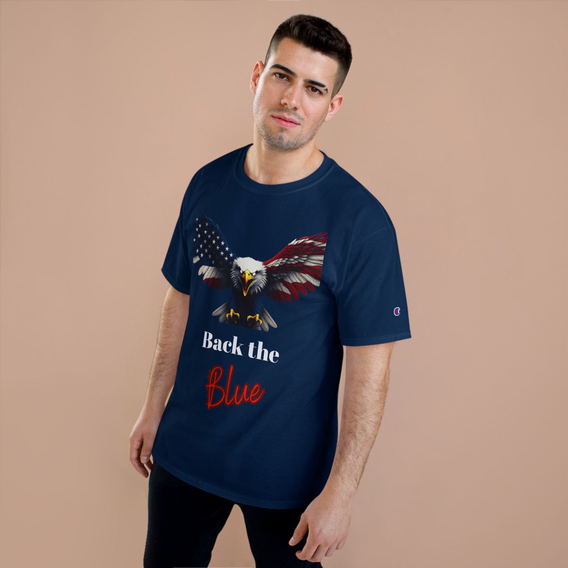 Back The Blue Patriotic Eagle on a Champion T-shirt