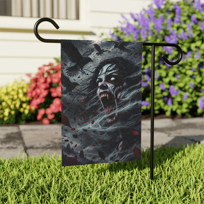 Garden flag with banshee, crows, and stormy scene.