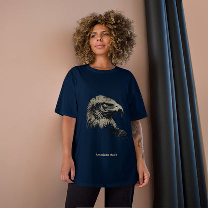 American Made small font text below an eagle head on a Champion Tee