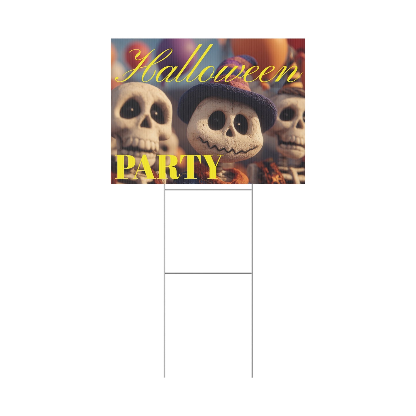 Halloween-themed party sign with cartoon characters on a grassy lawn