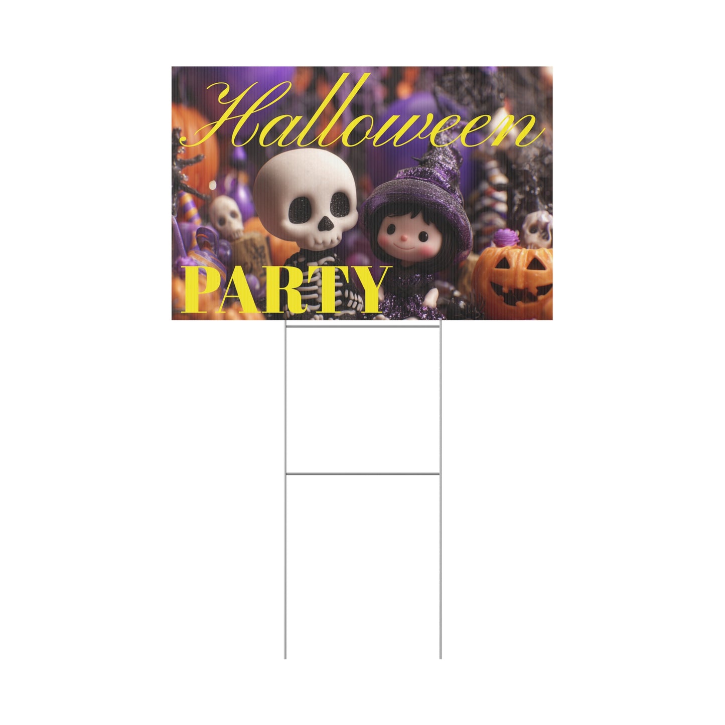 Halloween-themed party sign with cartoon characters on a grassy lawn