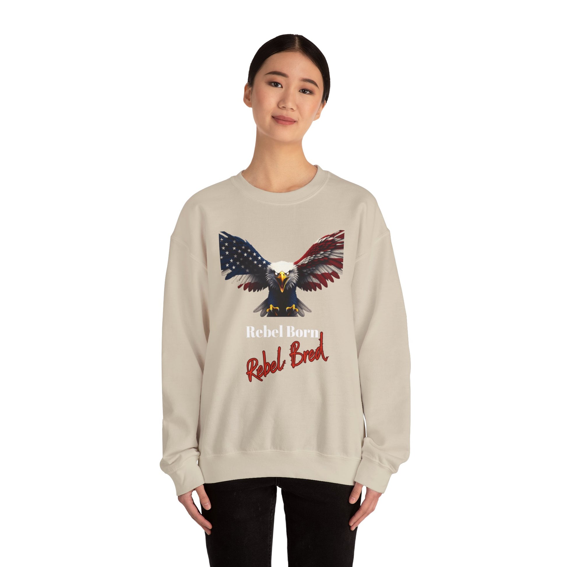 Rebel Born Rebel Bred Patriotic Eagle text on a Crewneck Sweatshirt