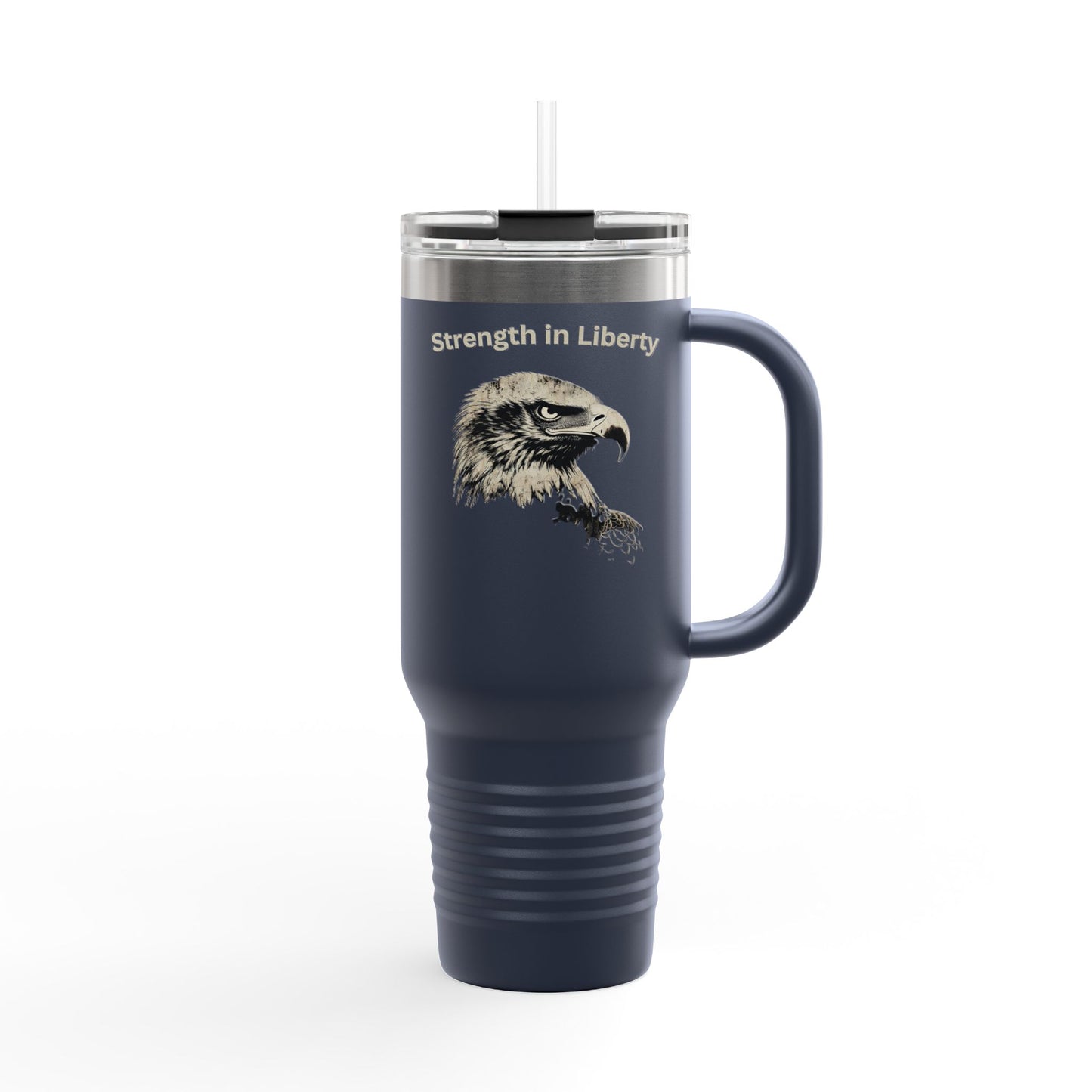 Strength in Liberty text on the top of a  40oz Insulated Travel Mug