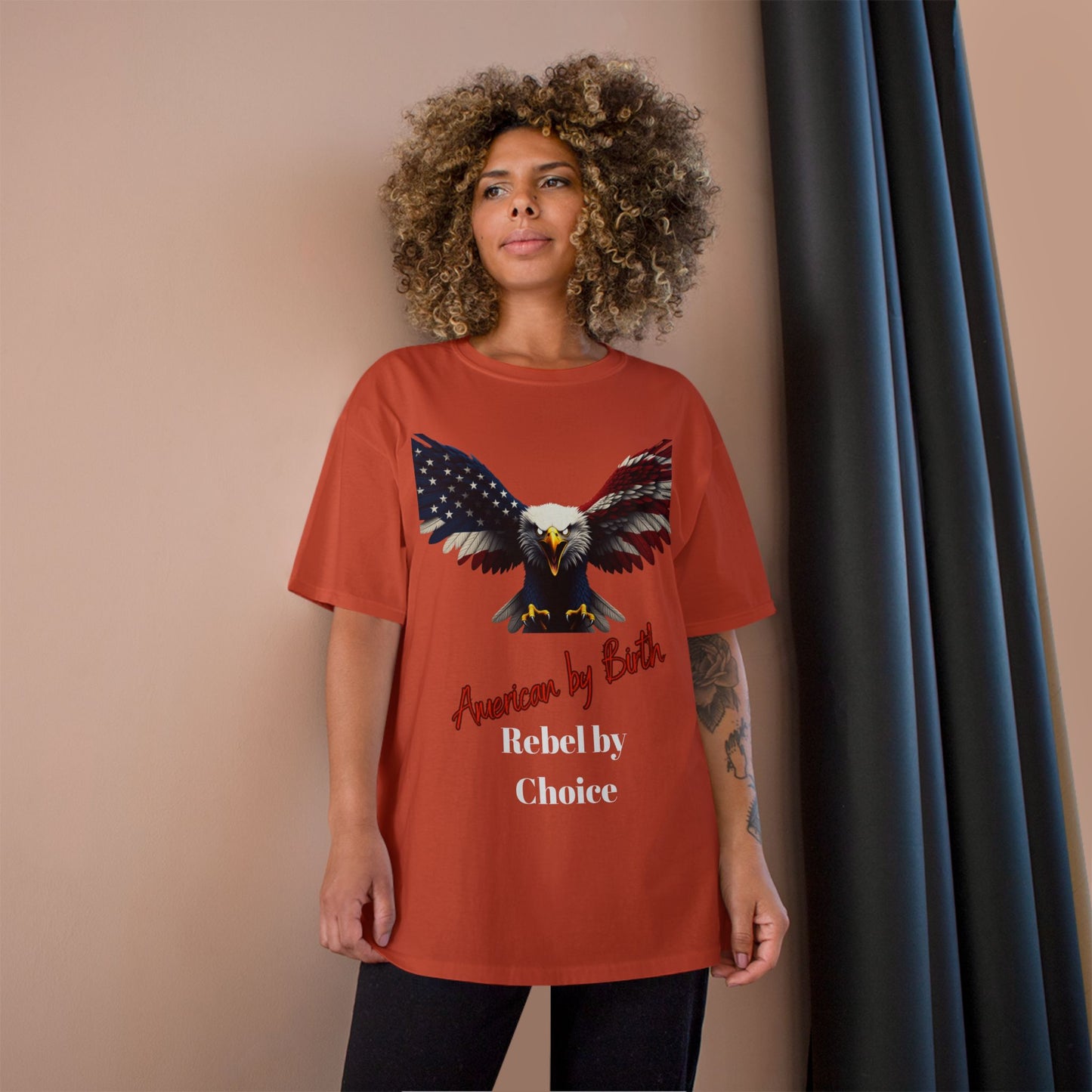 American By Birth Rebel By Choice Patriotic Eagle on a Champion T-shirt