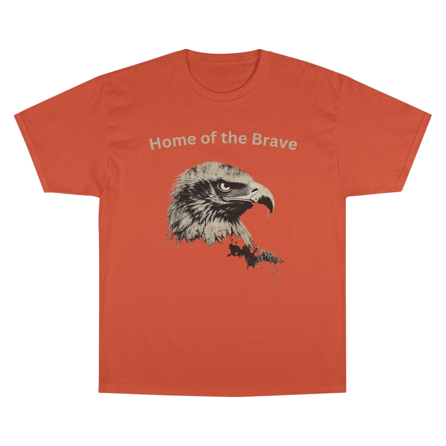 Home of the Brave text above an eagle head on a Champion Tee