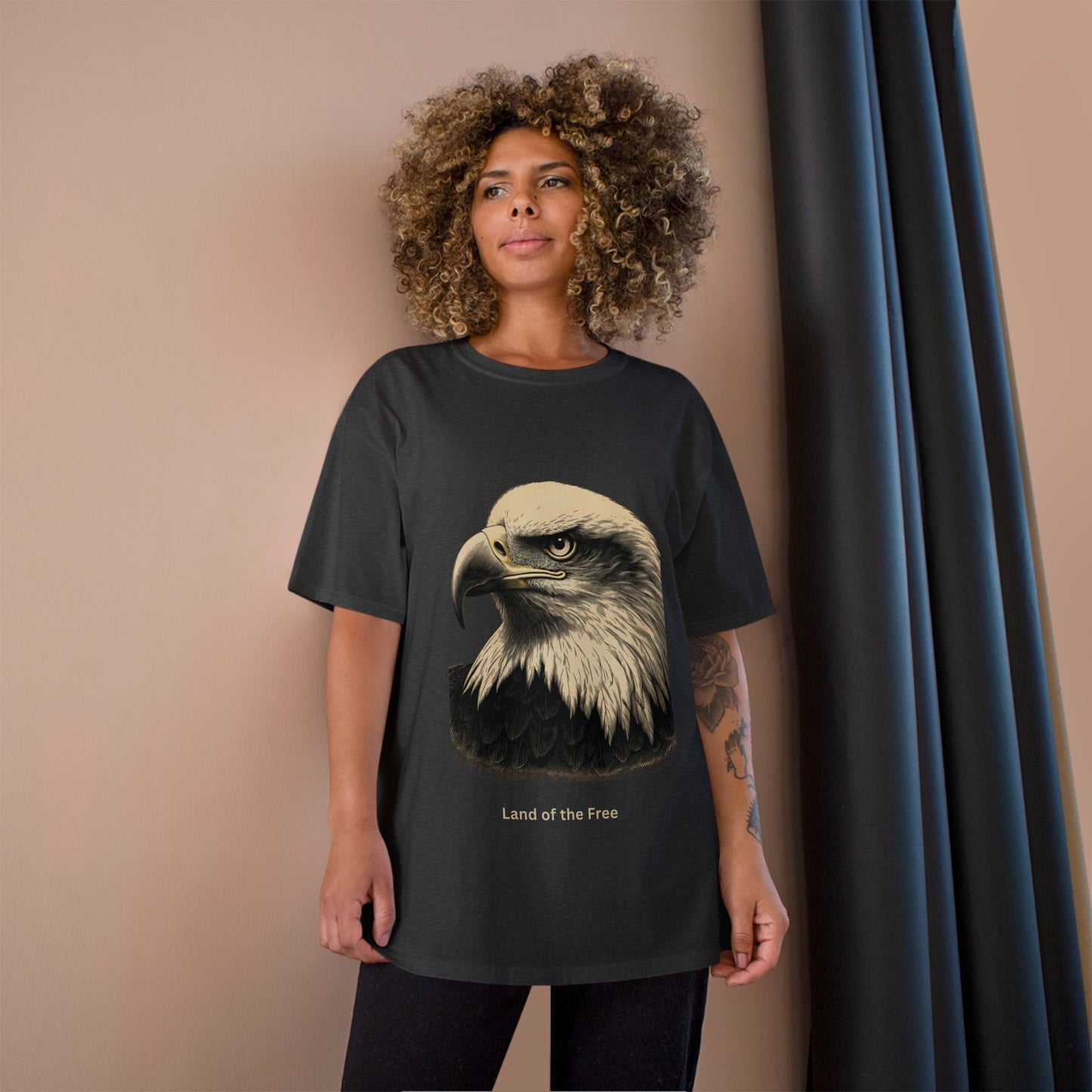 Engraved Eagle - Land of the Free - text on the muted of a Champion Tee