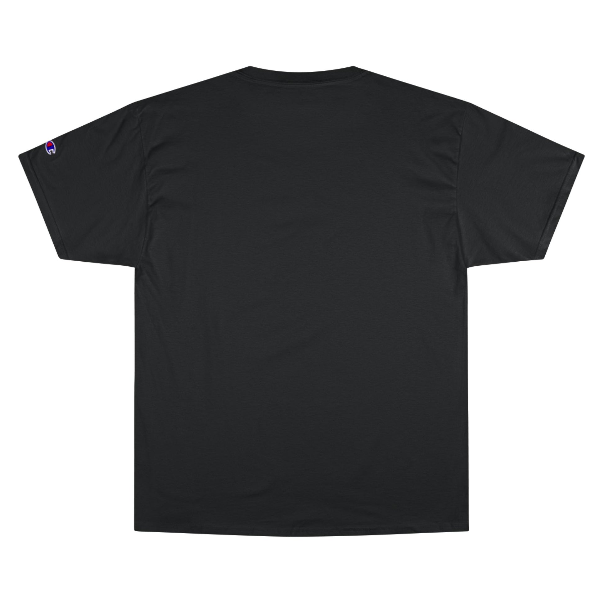 Land of the Free small font text below an eagle head on a Champion Tee