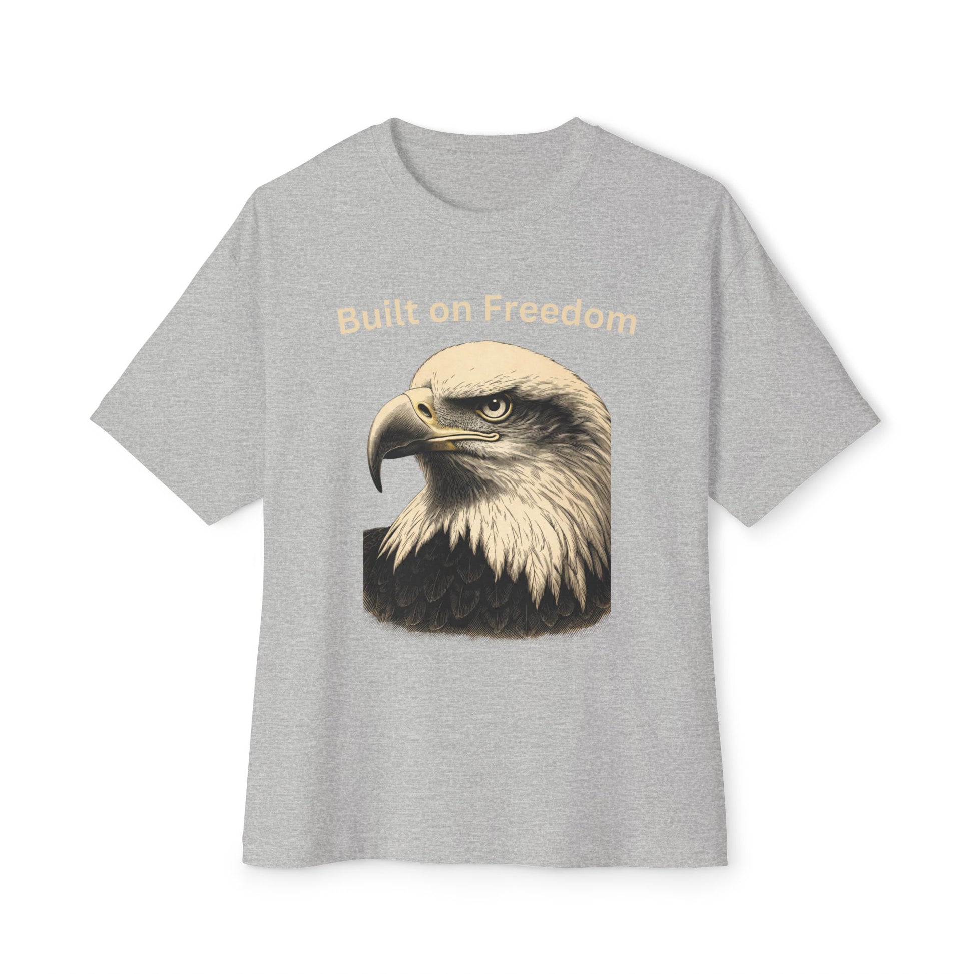 Engraved Eagle - Built on Freedom text at the top of a premium tee