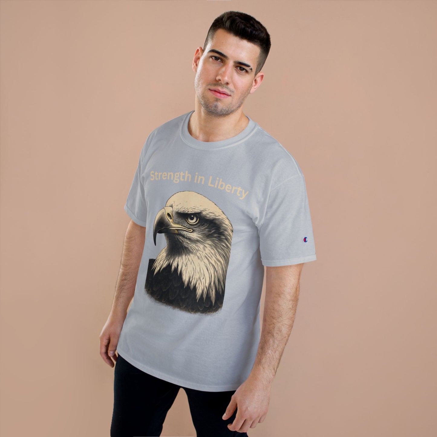 Engraved Eagle - Strength in Liberty - text on the top of a Champion Tee