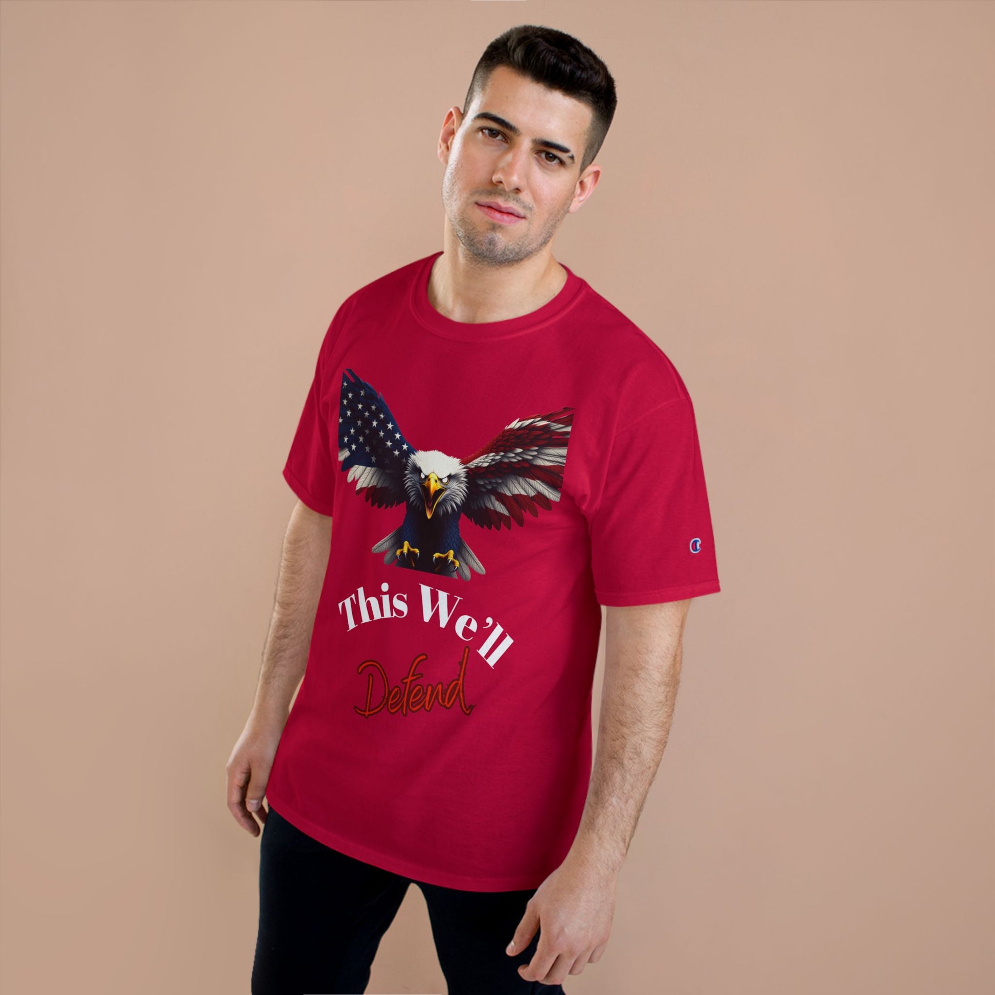This We'll Defend Patriotic Eagle on a Champion T-shirt