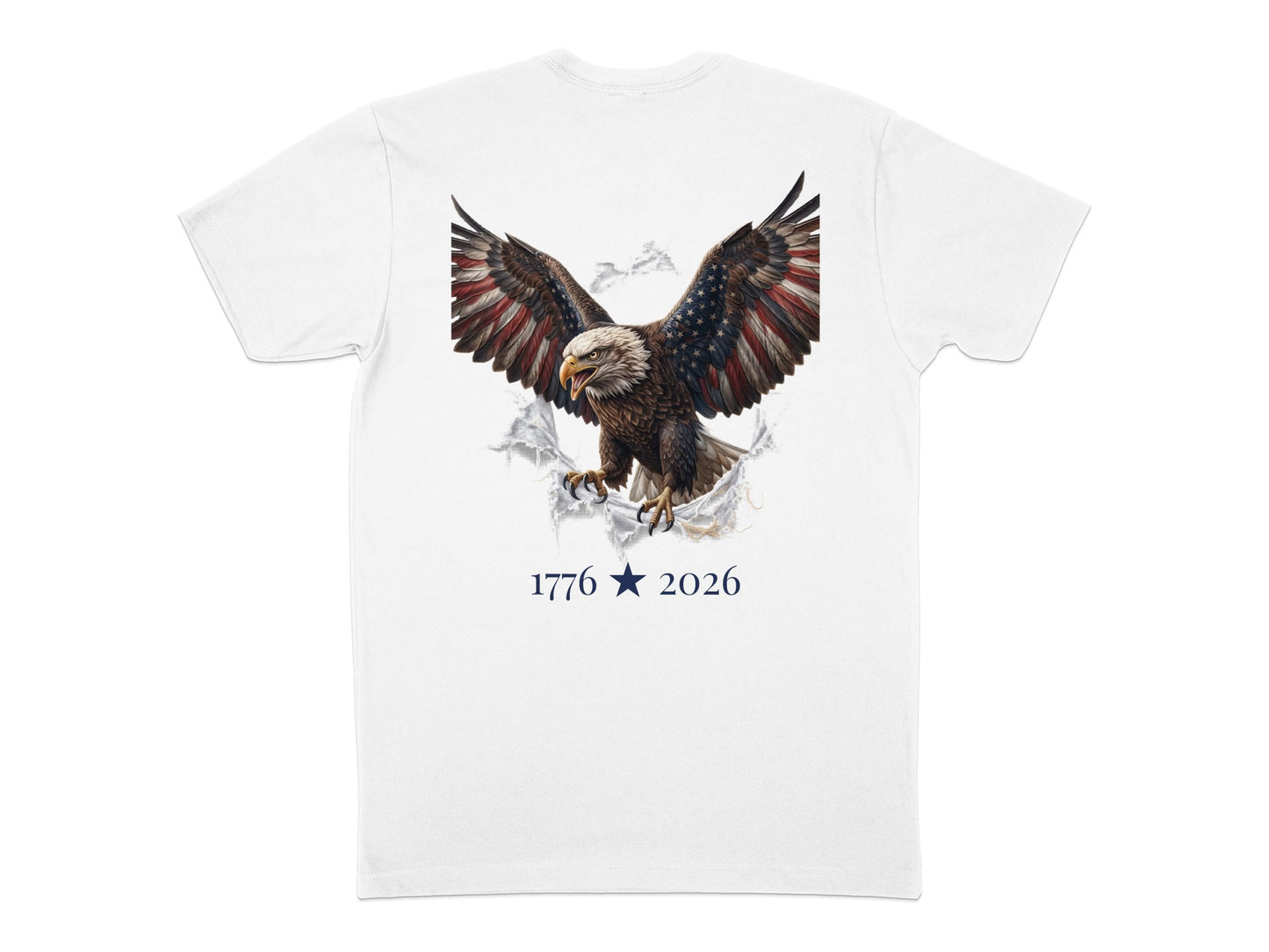 Eagle with American flag wings bursts through white material, with "1776 2026" below.