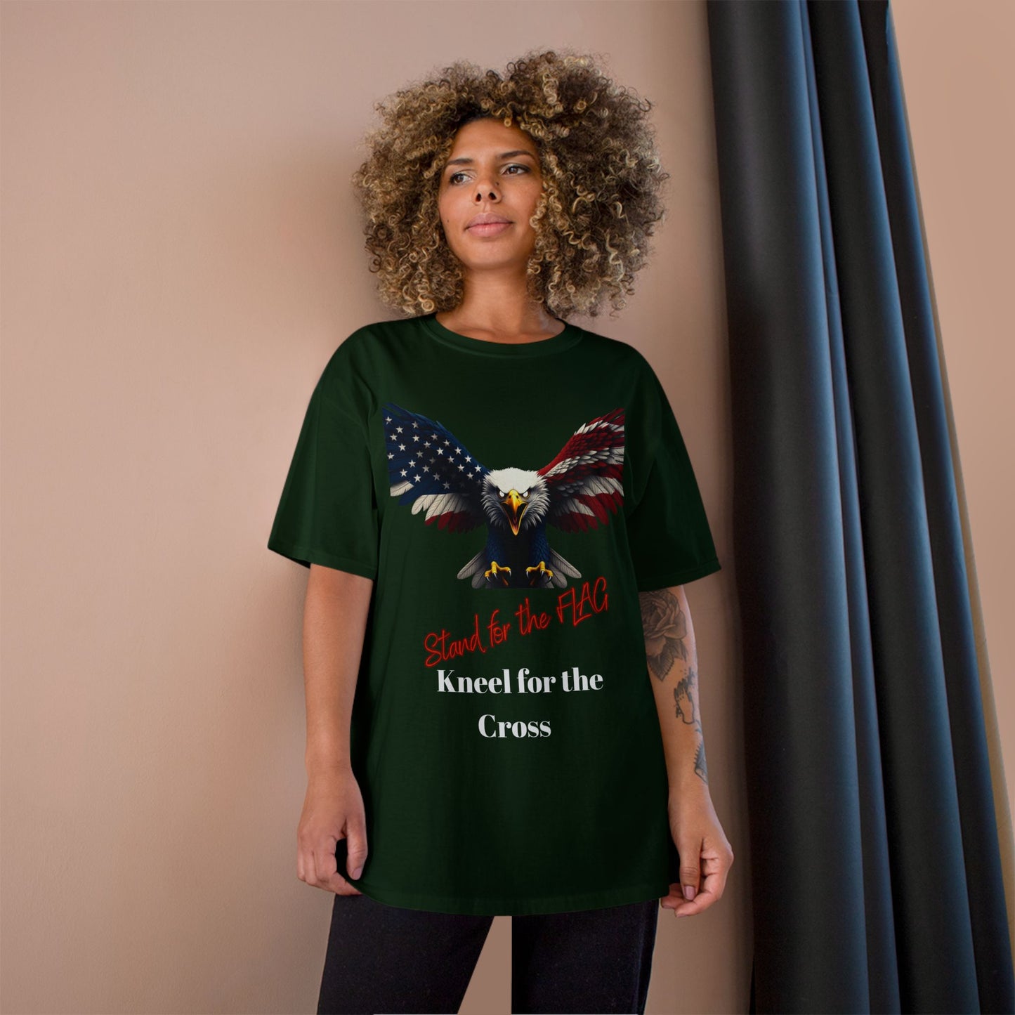 Stand For The Flag Kneel For The Cross Patriotic Eagle on a Champion T-shirt