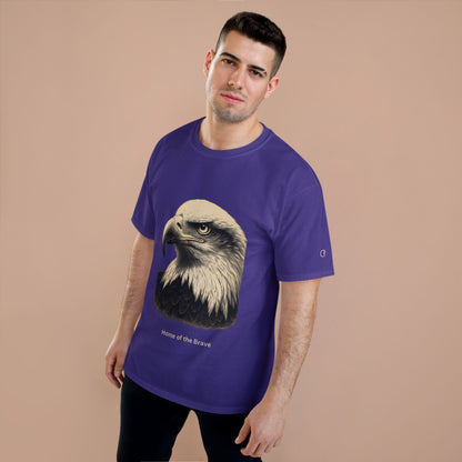 Engraved Eagle - Home of the Brave - text on the muted of a Champion Tee