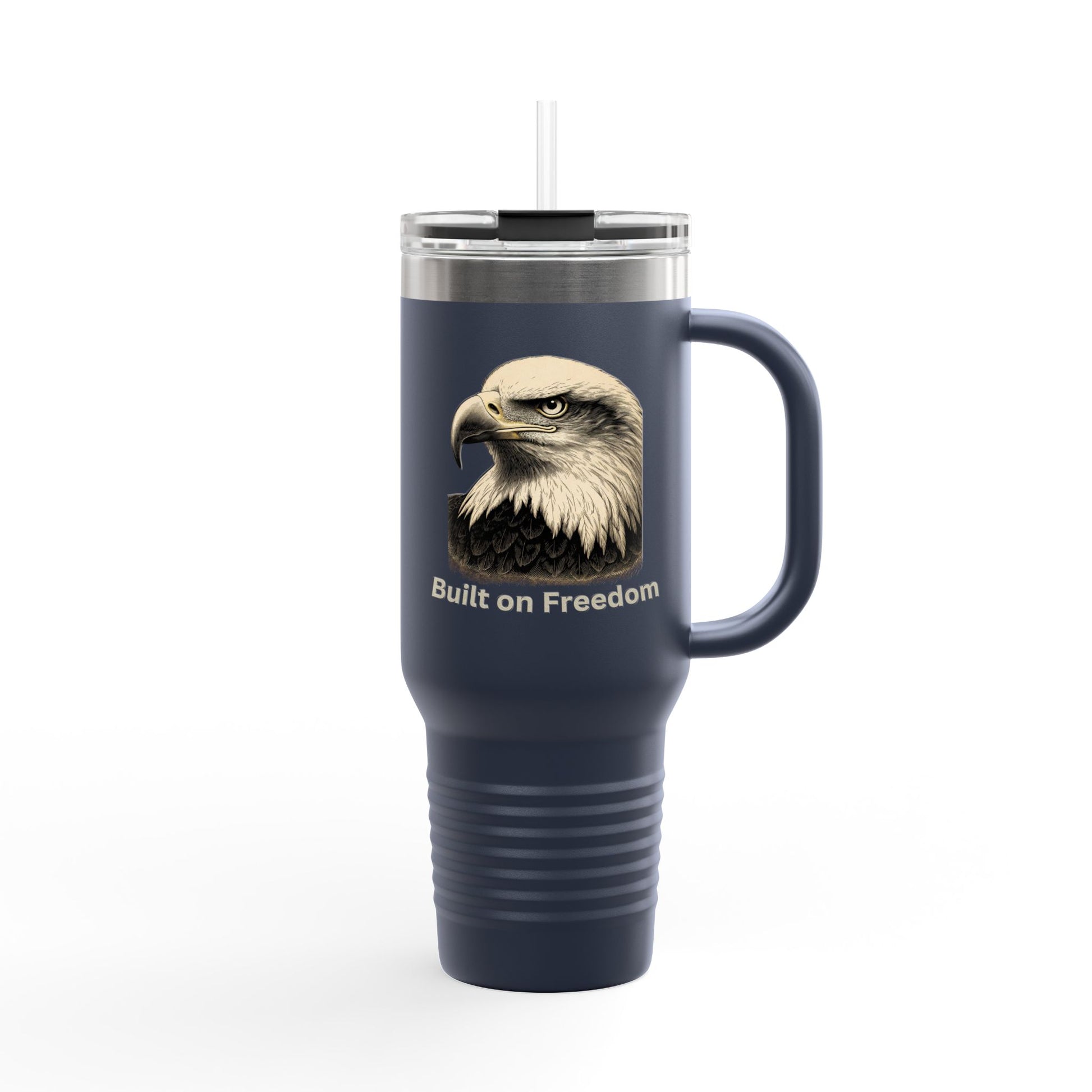 Built of Freedom text on the bottom of a  40oz Insulated Travel Mug