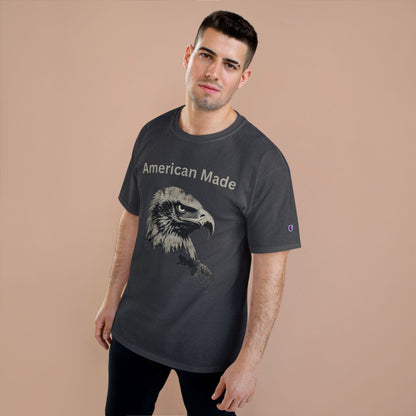 American Made text above an eagle head on a Champion Tee