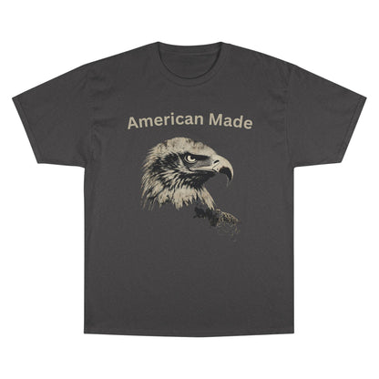 American Made text above an eagle head on a Champion Tee