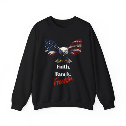 Faith. Family. Freedom Patriotic Eagle text on a Crewneck Sweatshirt