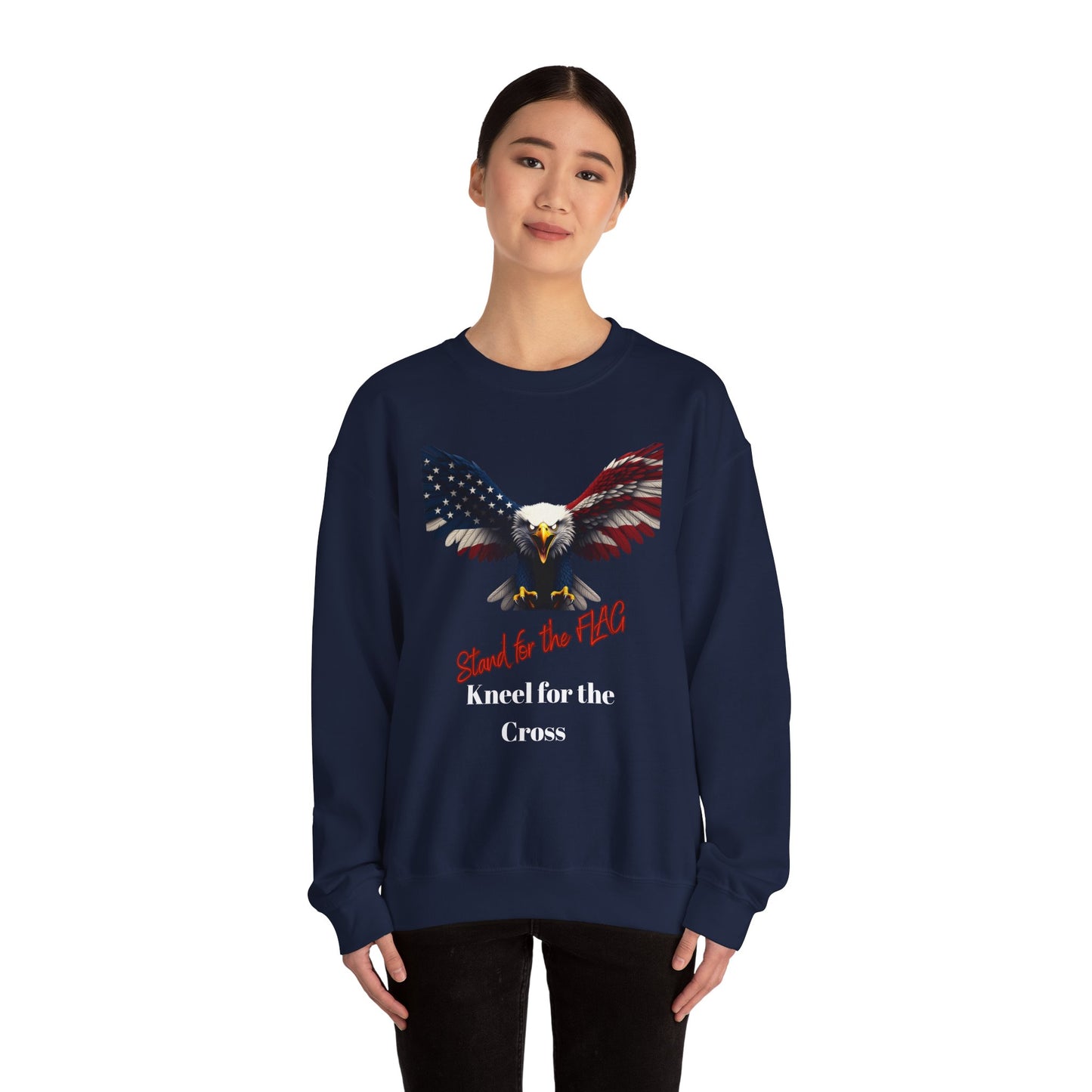 Stand For The Flag Kneel For The Cross Patriotic Eagle text on a Crewneck Sweatshirt