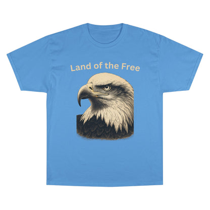 Engraved Eagle - Land of the Free - text on the top of a Champion Tee
