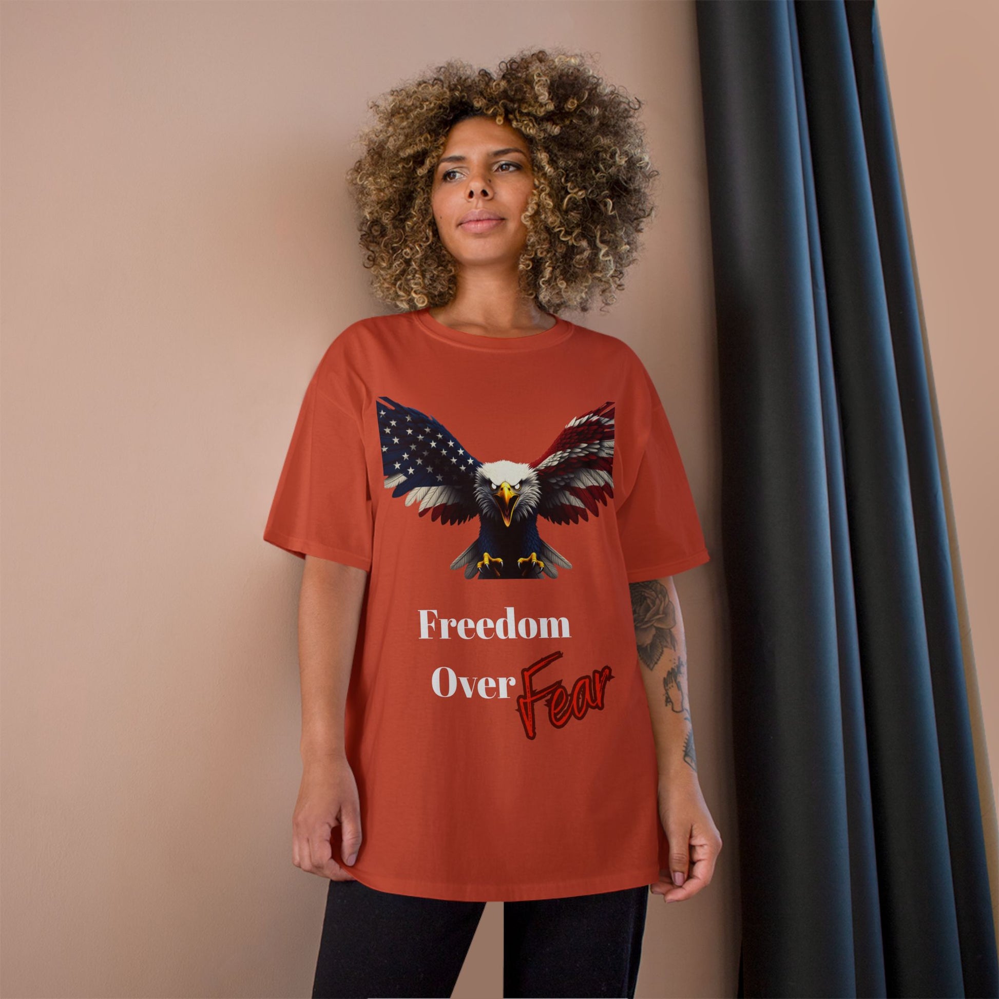 Freedom Over Fear Patriotic Eagle on a Champion T-shirt