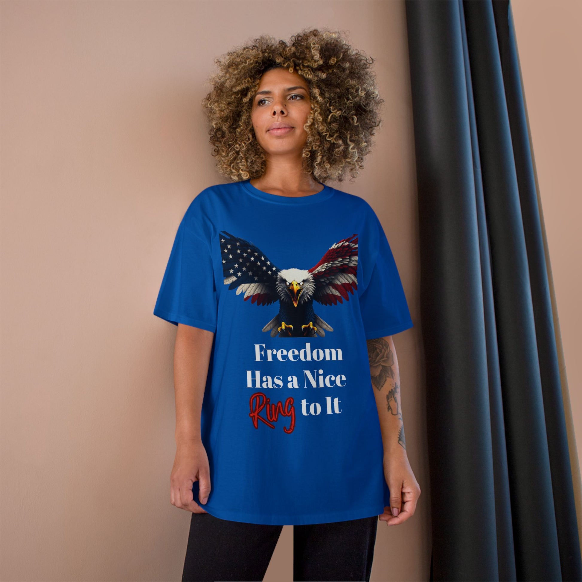 Freedom Has A Nice Ring To It Patriotic Eagle on a Champion T-shirt