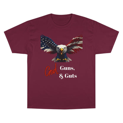 God Guns & Guts Patriotic Eagle on a Champion T-shirt