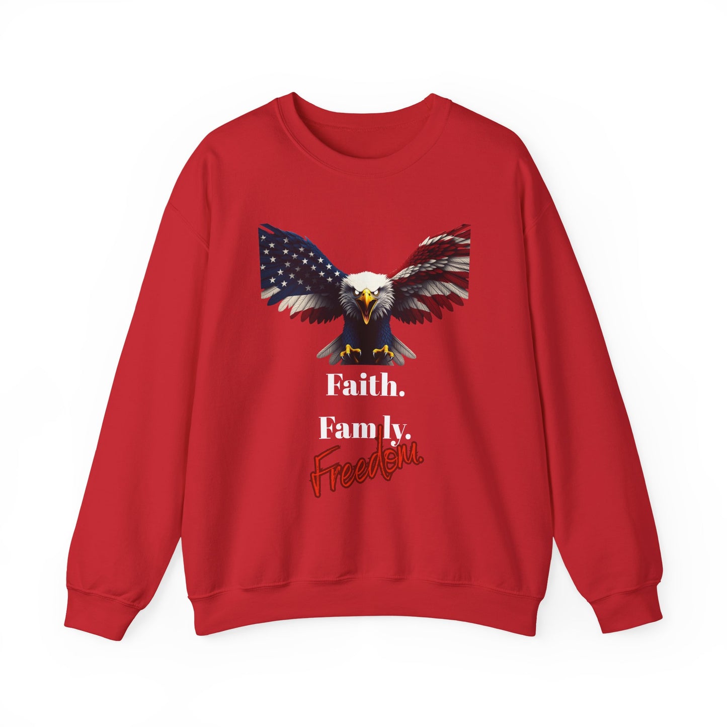 Faith. Family. Freedom Patriotic Eagle text on a Crewneck Sweatshirt