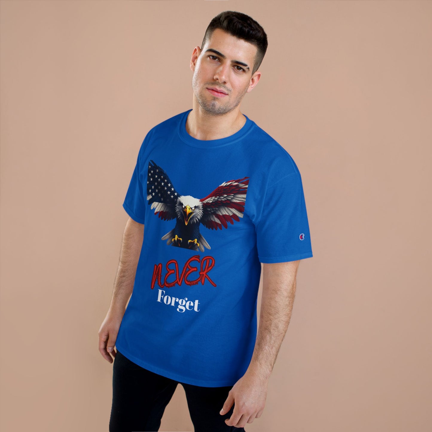 Never Forget Patriotic Eagle on a Champion T-shirt