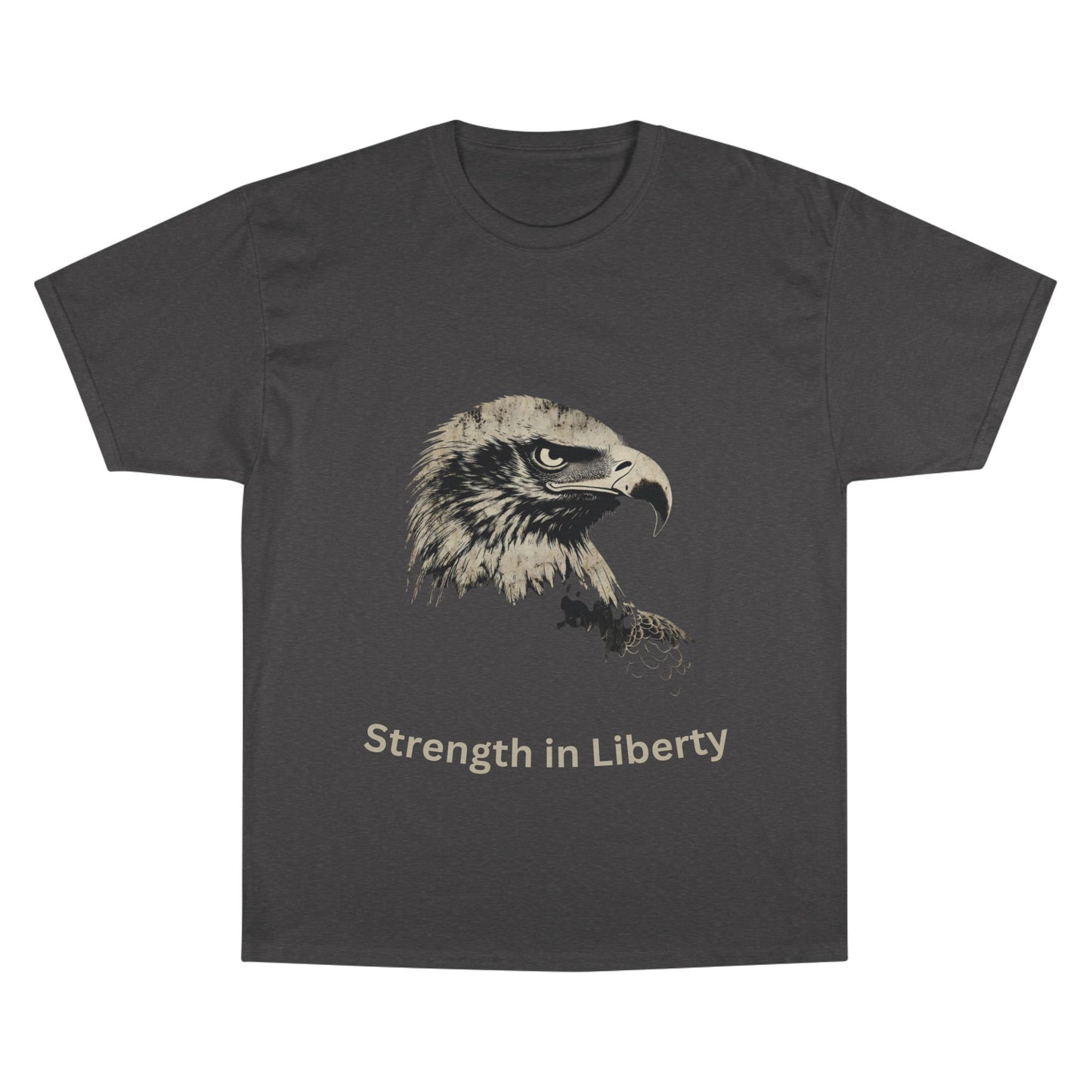 Strength in Liberty text below an eagle head on a Champion Tee