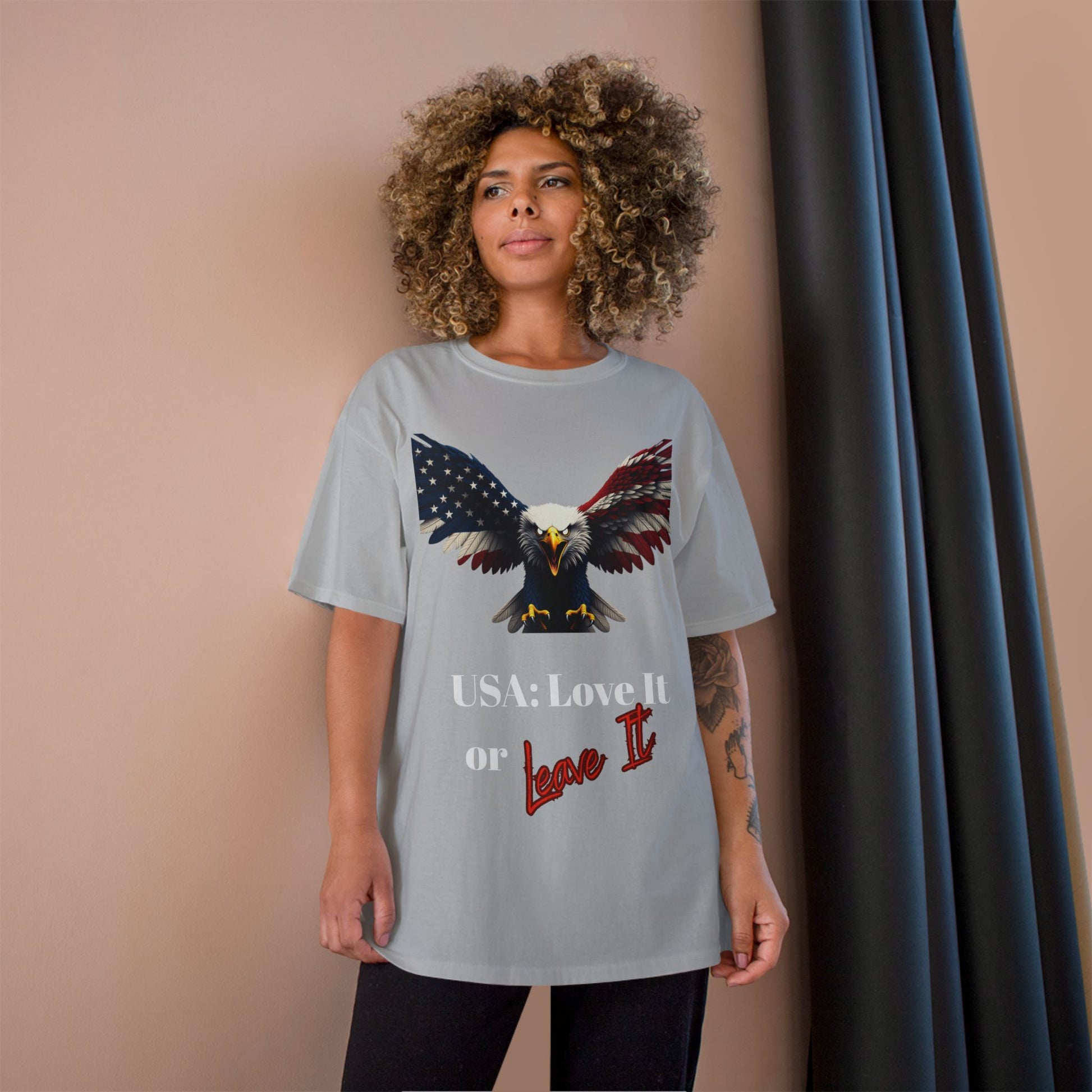 USA Love It Or Leave It Patriotic Eagle on a Champion T-shirt