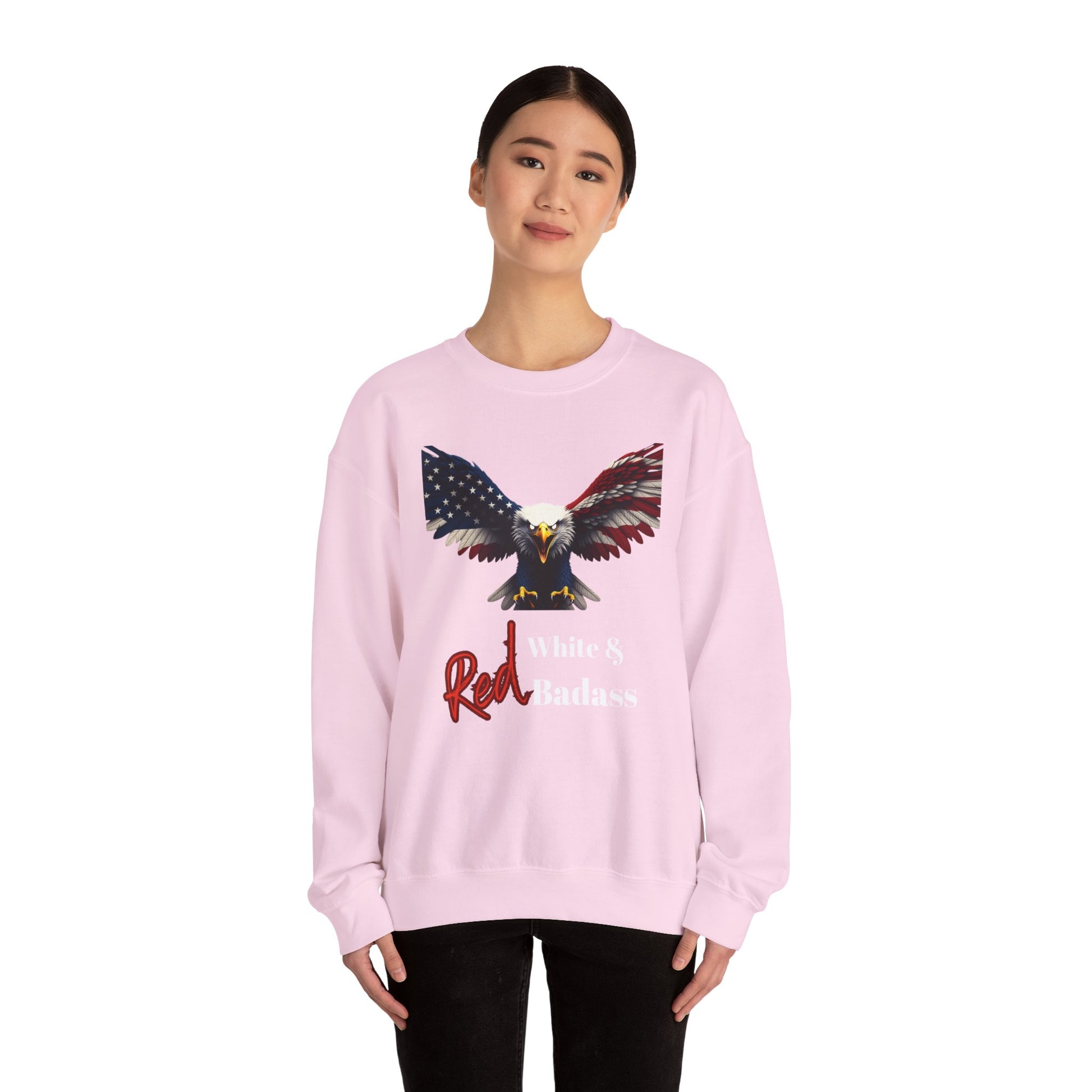 Red White & Badass Patriotic Eagle text on a Crewneck Sweatshirt