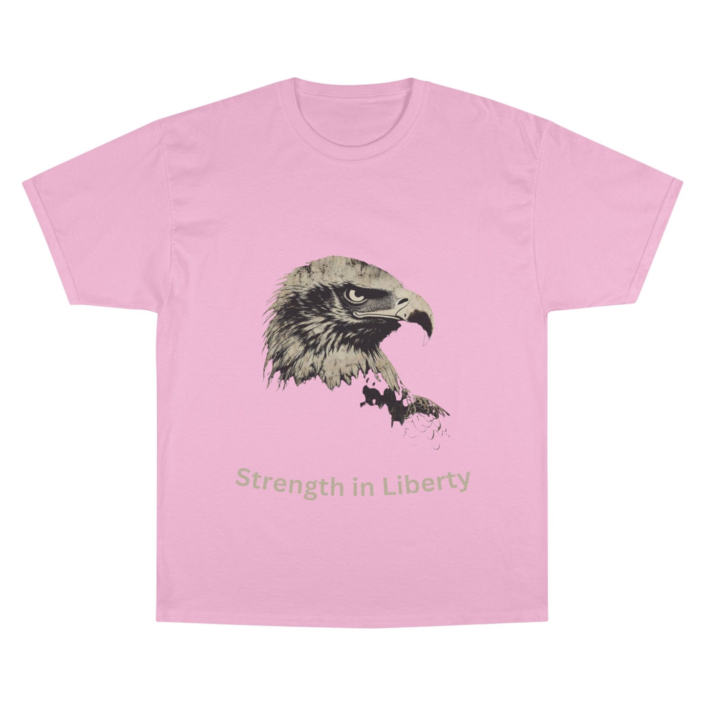 Strength in Liberty text below an eagle head on a Champion Tee