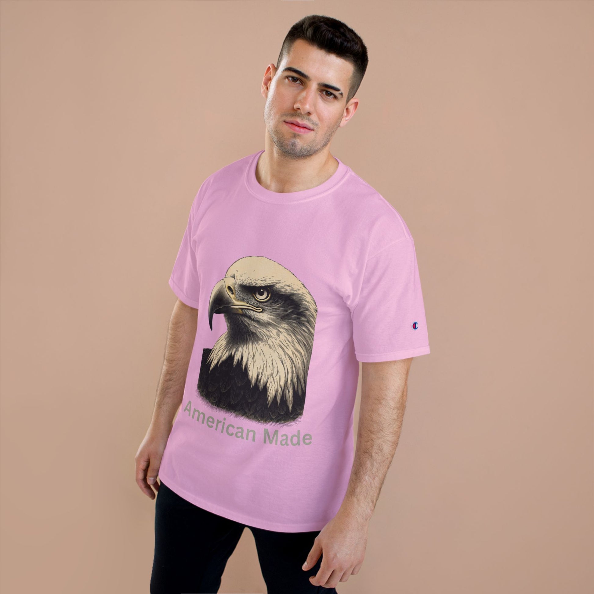 Engraved Eagle - American Made - text on the bottom of a Champion Tee