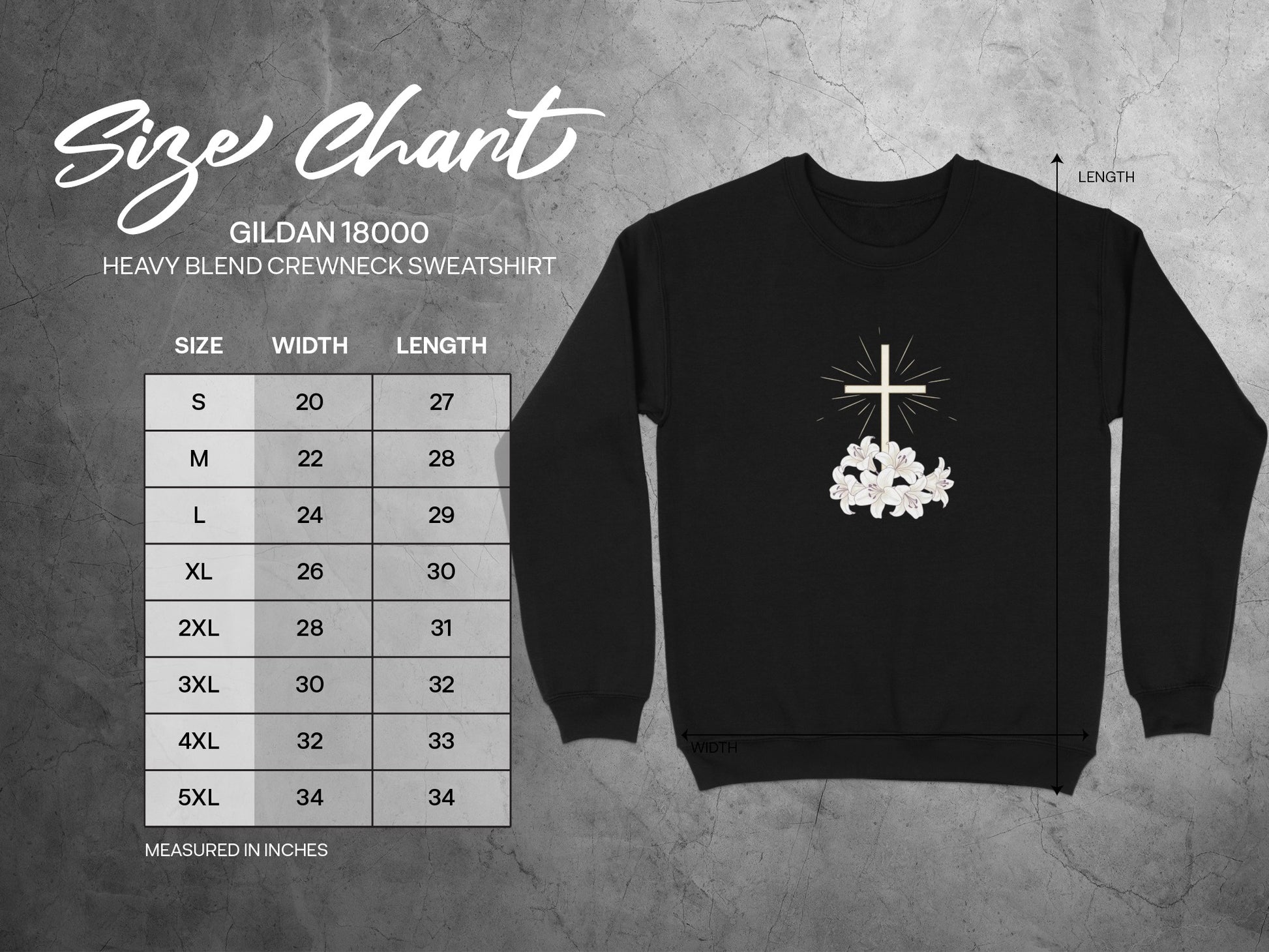 Gildan 18000 sweatshirt size chart with embroidered cross and lilies.