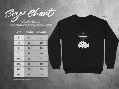 Gildan 18000 sweatshirt size chart with embroidered cross and lilies.