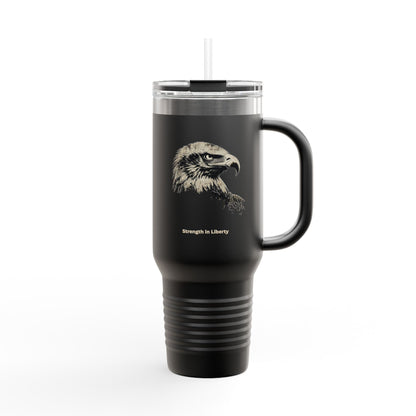Strength in Liberty text on the muted of a  40oz Insulated Travel Mug