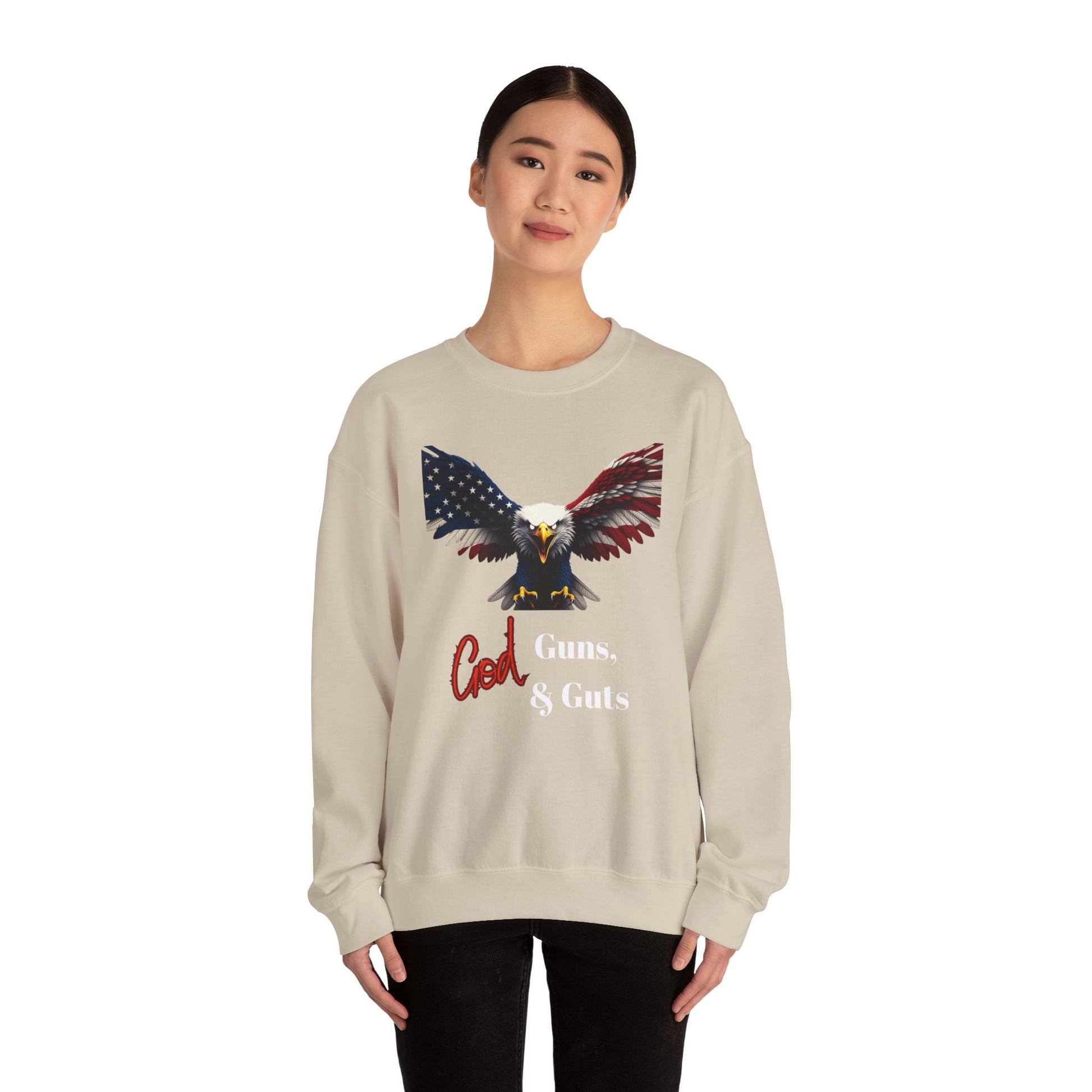 God Guns & Guts Patriotic Eagle text on a Crewneck Sweatshirt