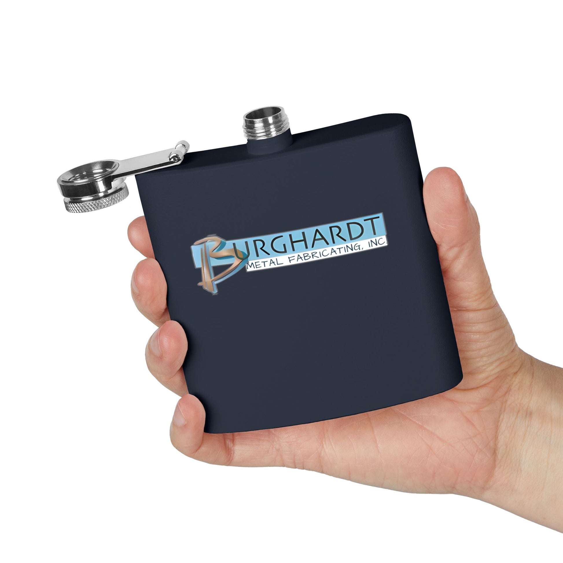 Burghardt Metal Fabricating, Inc., logo on a 6oz Stainless Steel Flask