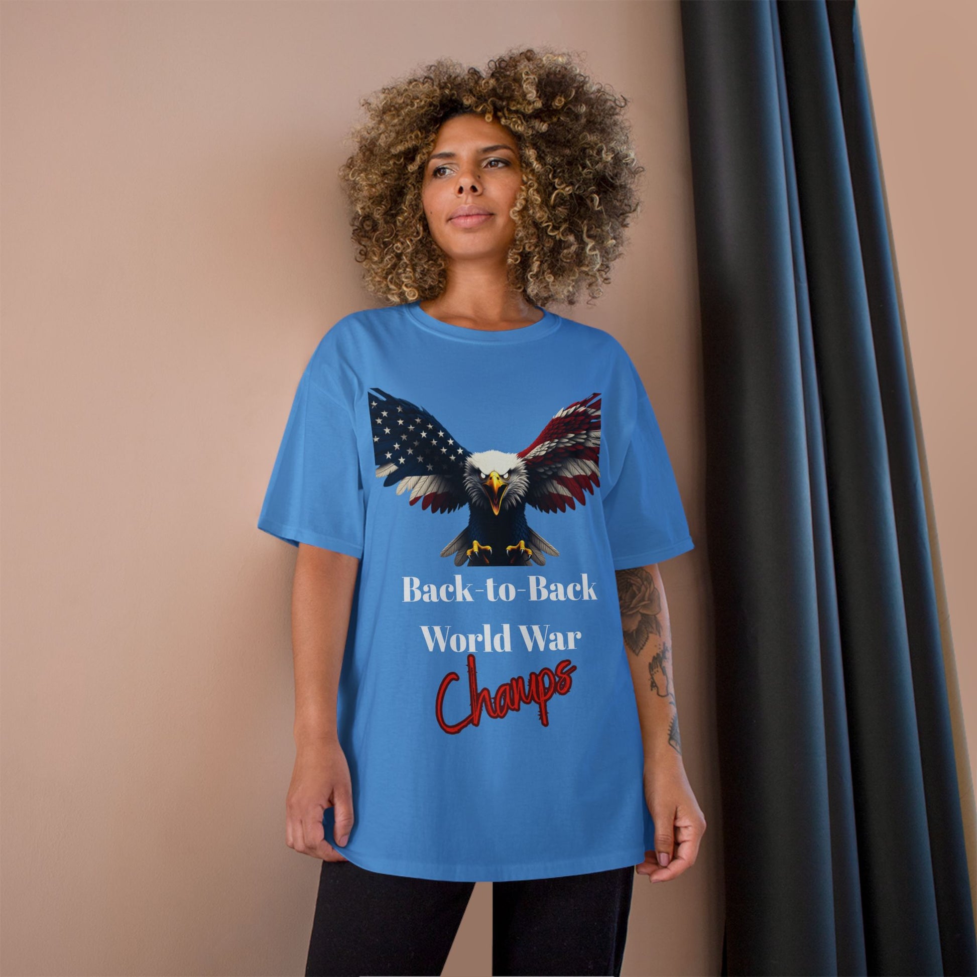 Back-To-Back World War Champs Patriotic Eagle on a Champion T-shirt