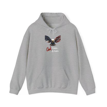 God Guns & Guts Patriotic Eagle on a Pullover Hoodie