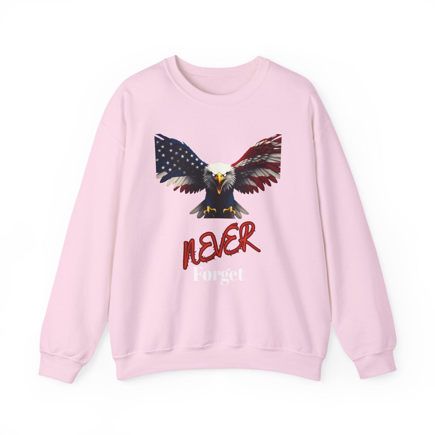 Never Forget Patriotic Eagle text on a Crewneck Sweatshirt