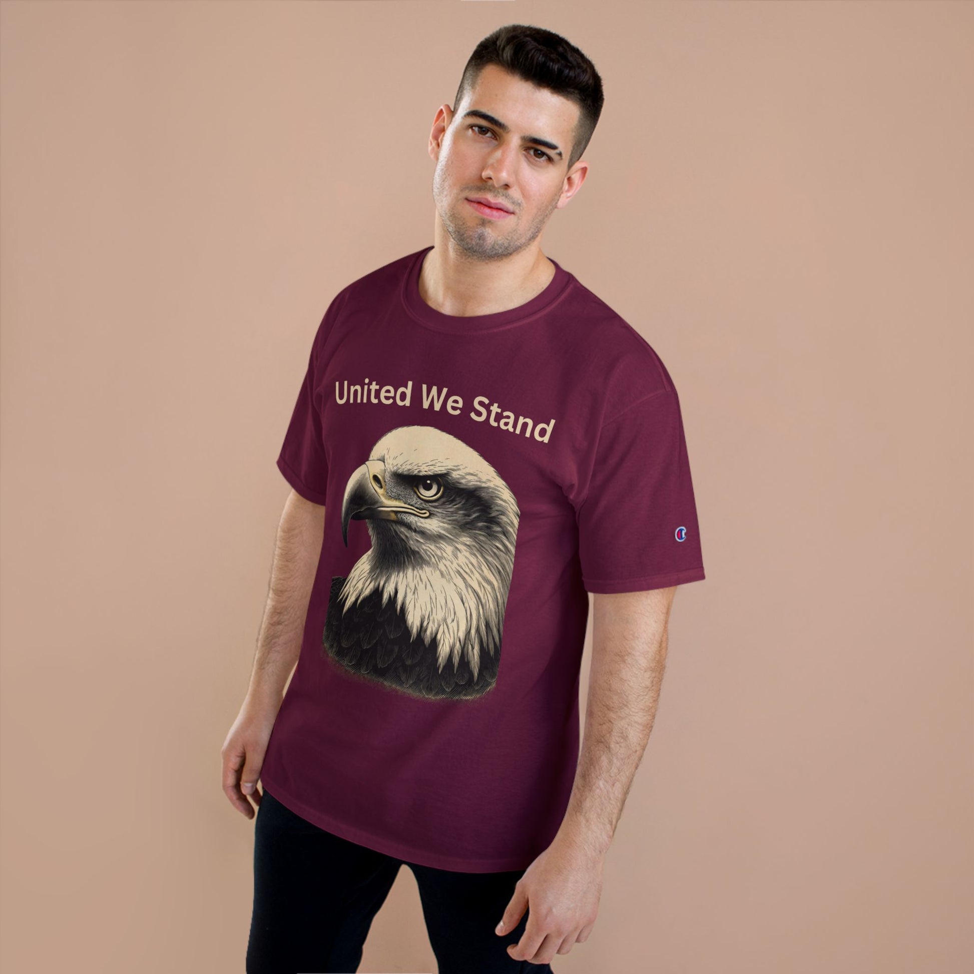 Engraved Eagle - United We Stand - text on the top of a Champion Tee