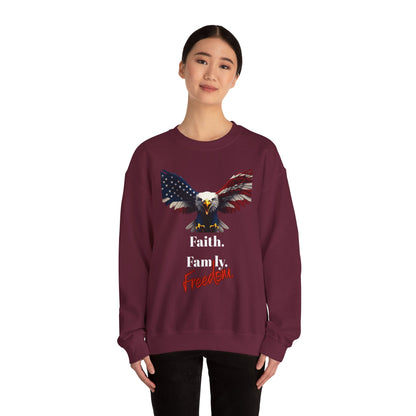 Faith. Family. Freedom Patriotic Eagle text on a Crewneck Sweatshirt