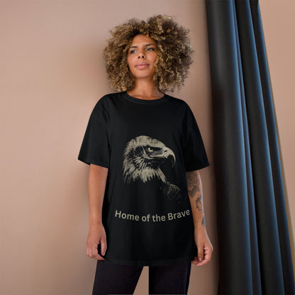 Home of the Brave text below an eagle head on a Champion Tee