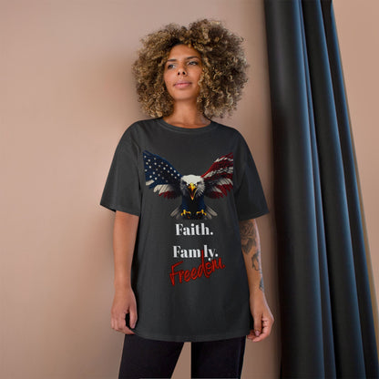 Faith. Family. Freedom Patriotic Eagle on a Champion T-shirt