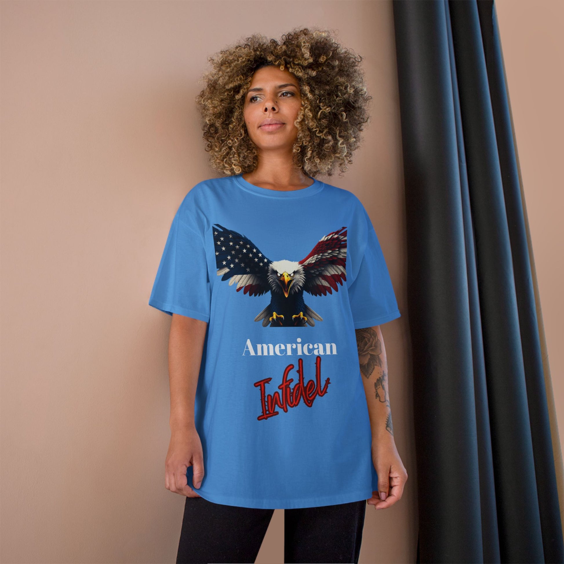 American Infidel Patriotic Eagle on a Champion T-shirt