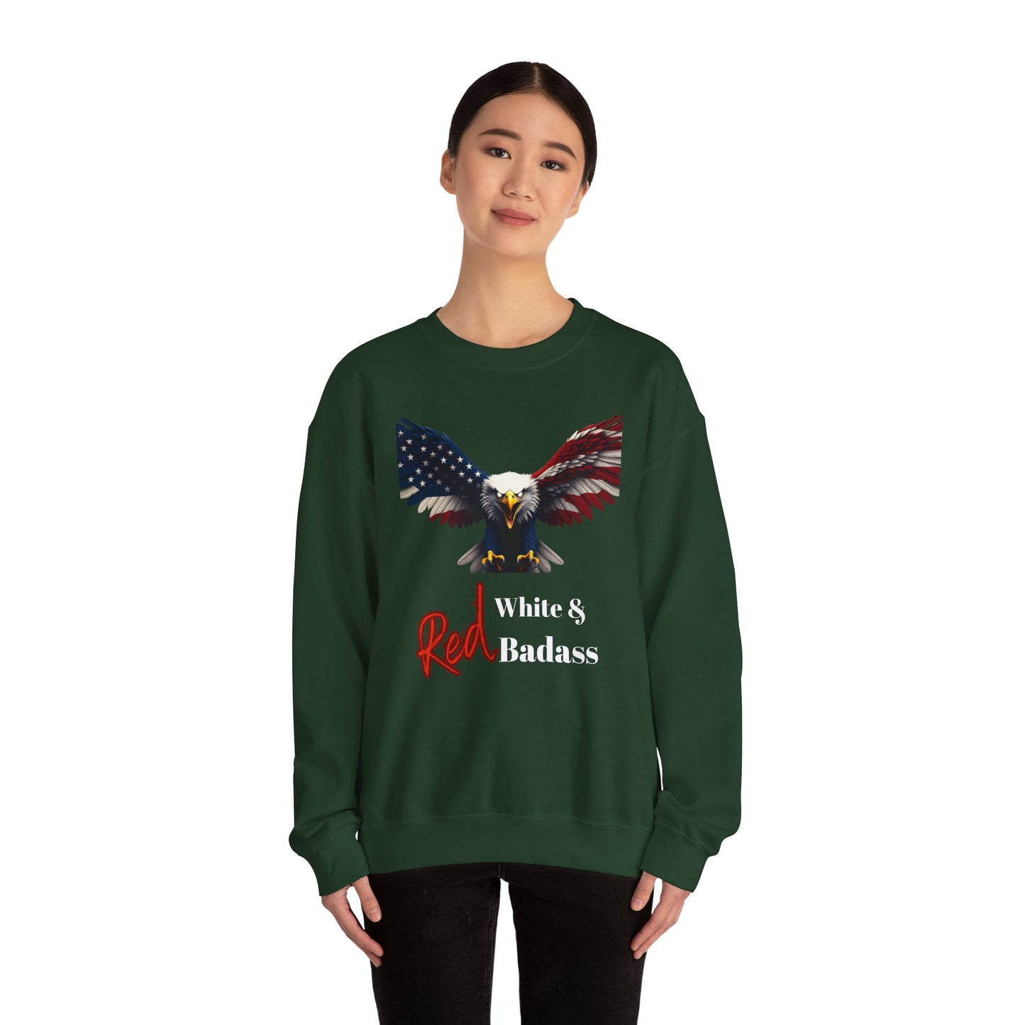 Red White & Badass Patriotic Eagle text on a Crewneck Sweatshirt
