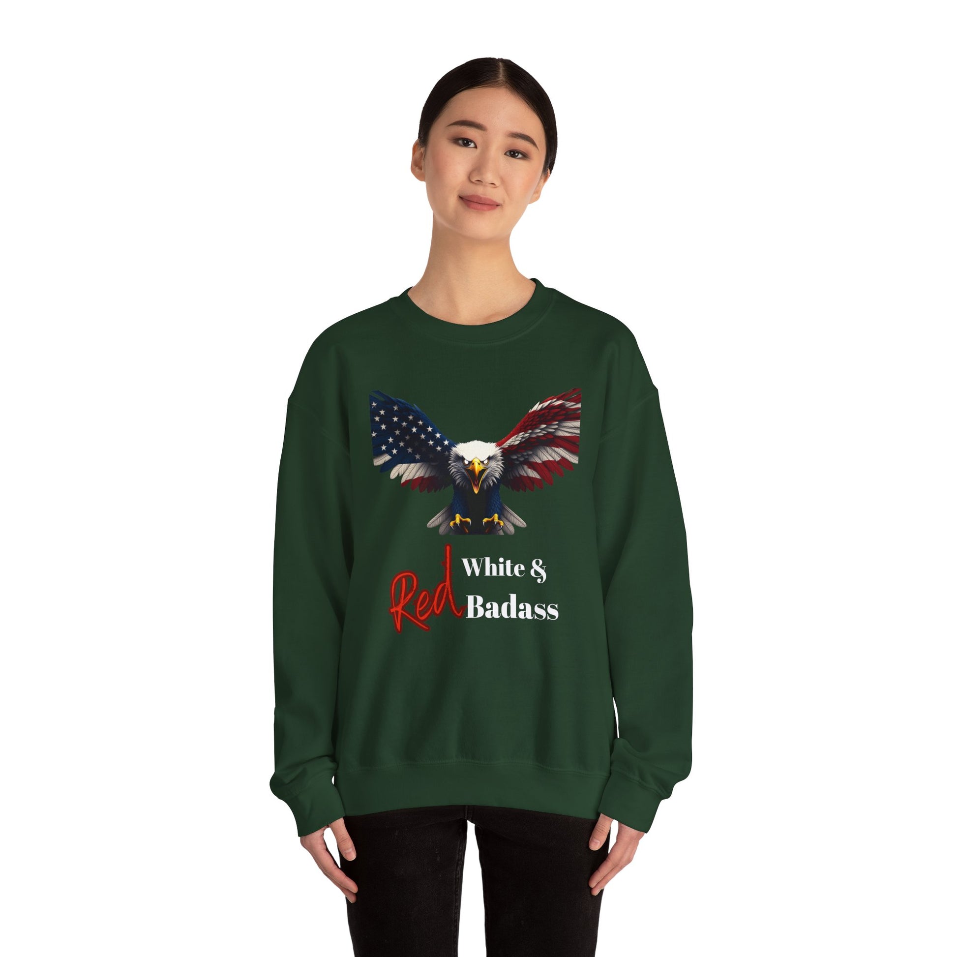 Red White & Badass Patriotic Eagle text on a Crewneck Sweatshirt